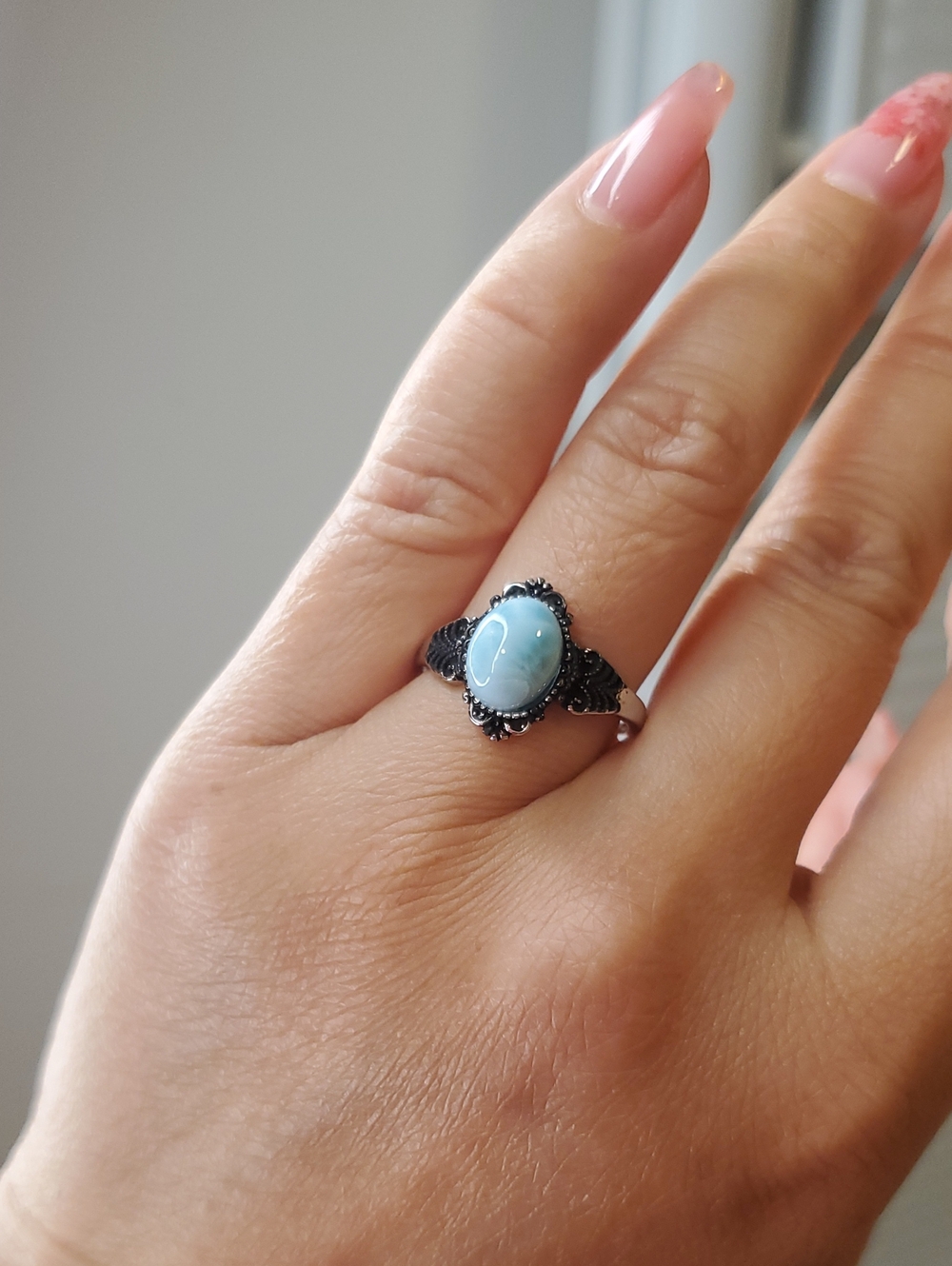 Delicate Silver Ring with Larimer Oval Stone